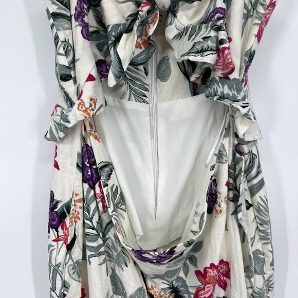 WAYF Dress Mahari Beige Floral Print Cut Out Ruffle Midi Sleeveless - Picture 7 of 12